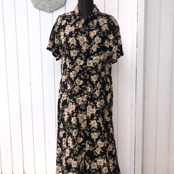 Vintage dress maxi Y2K floral button down black & olive size 12 - Picture 1 of 9